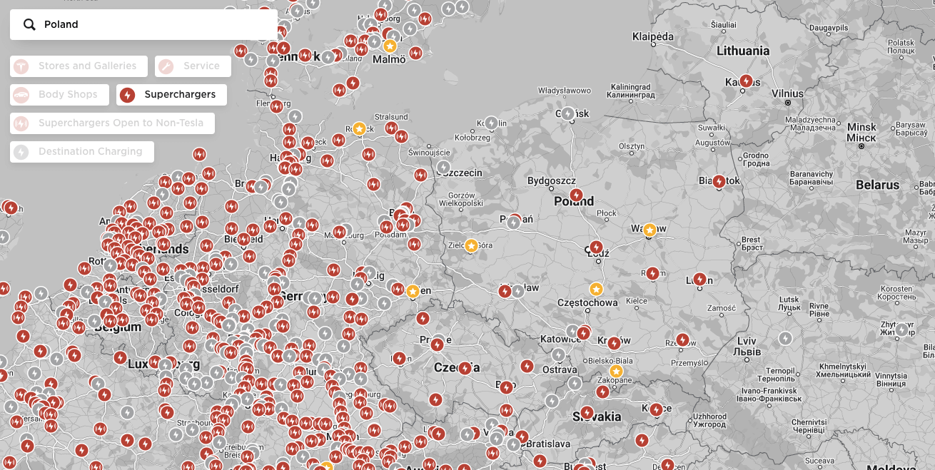 Mapa stacji Tesla Supercharger w Polsce